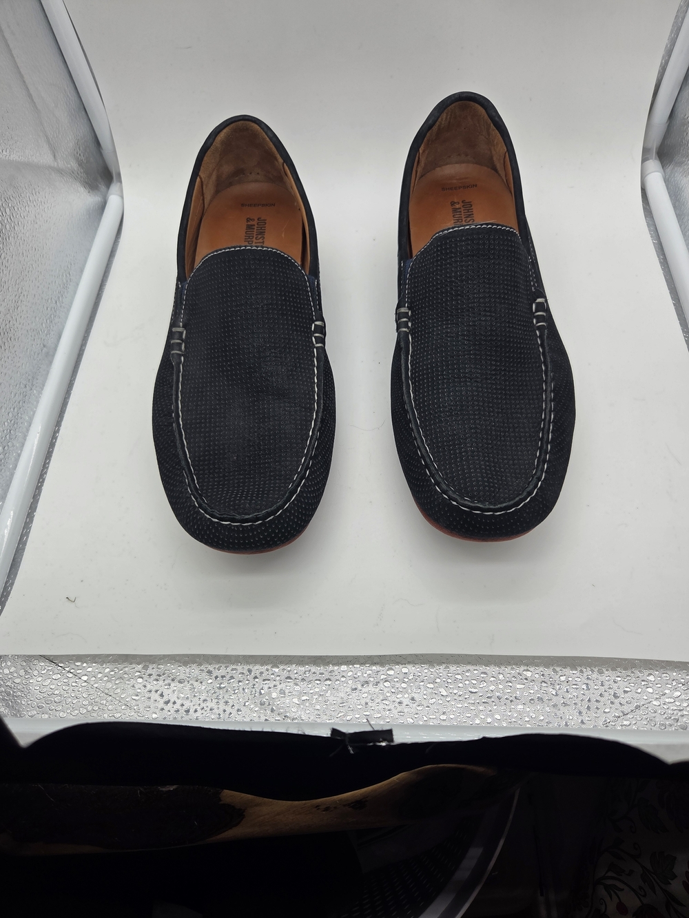 Johnston & Murphy Mens Dark Blue Sheepskin Slip-On Loafers. Casual Office Dinner
